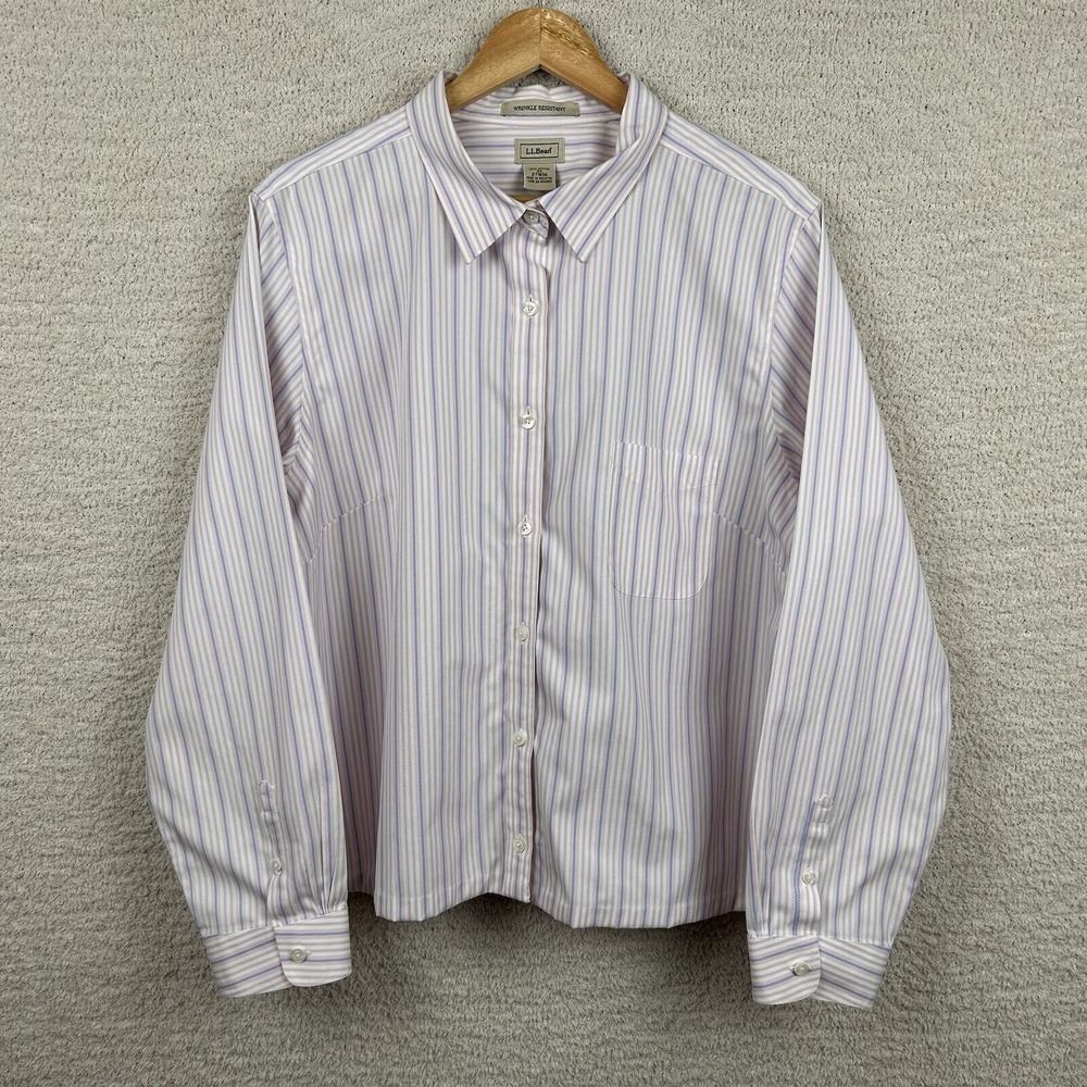 L.L. Bean Shirt Womens 2X Blue Pink Pin Striped Wrinkle Resistant Cotton Button